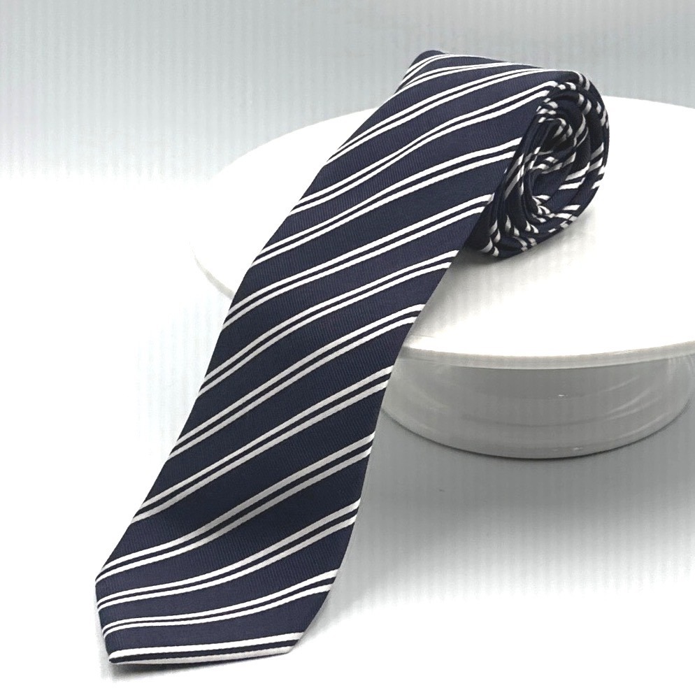 Haines  Bonner London Mens Silk Tie Navy Blue White Diagonal Striped Y2k